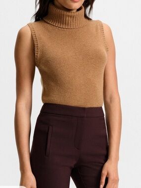 Neiman Marcus 100% Cashmere Camel Sleeveless Turtleneck Knit Shell Tank Top